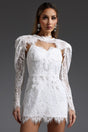 Brianna White Lace Hooded Mini Dress Puff Sleeves Floral Patterns Body-Hugging Fit