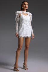 Brianna White Lace Hooded Mini Dress Puff Sleeves Floral Patterns