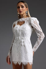 Brianna White Lace Hooded Mini Dress Puff Sleeves Floral Patterns Body-Hugging Fit