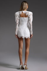 Brianna White Lace Hooded Mini Dress with Puff Sleeves