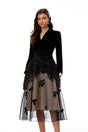 Brielle Black Leaf Embroidered Velvet Midi Dress