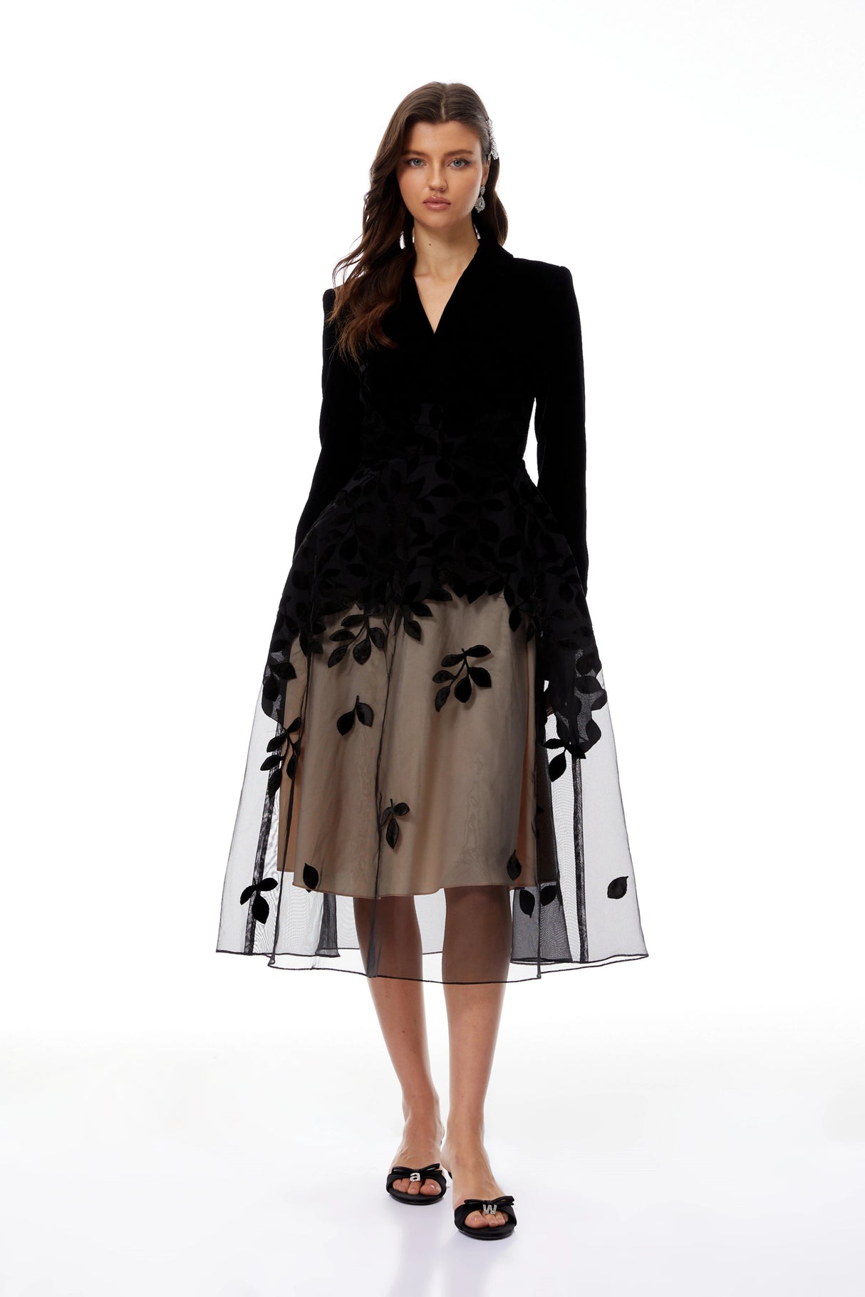 Brielle Black Leaf Embroidered Velvet Midi Dress