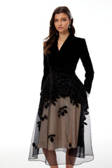 Brielle Black Leaf Embroidered Velvet Midi Dress