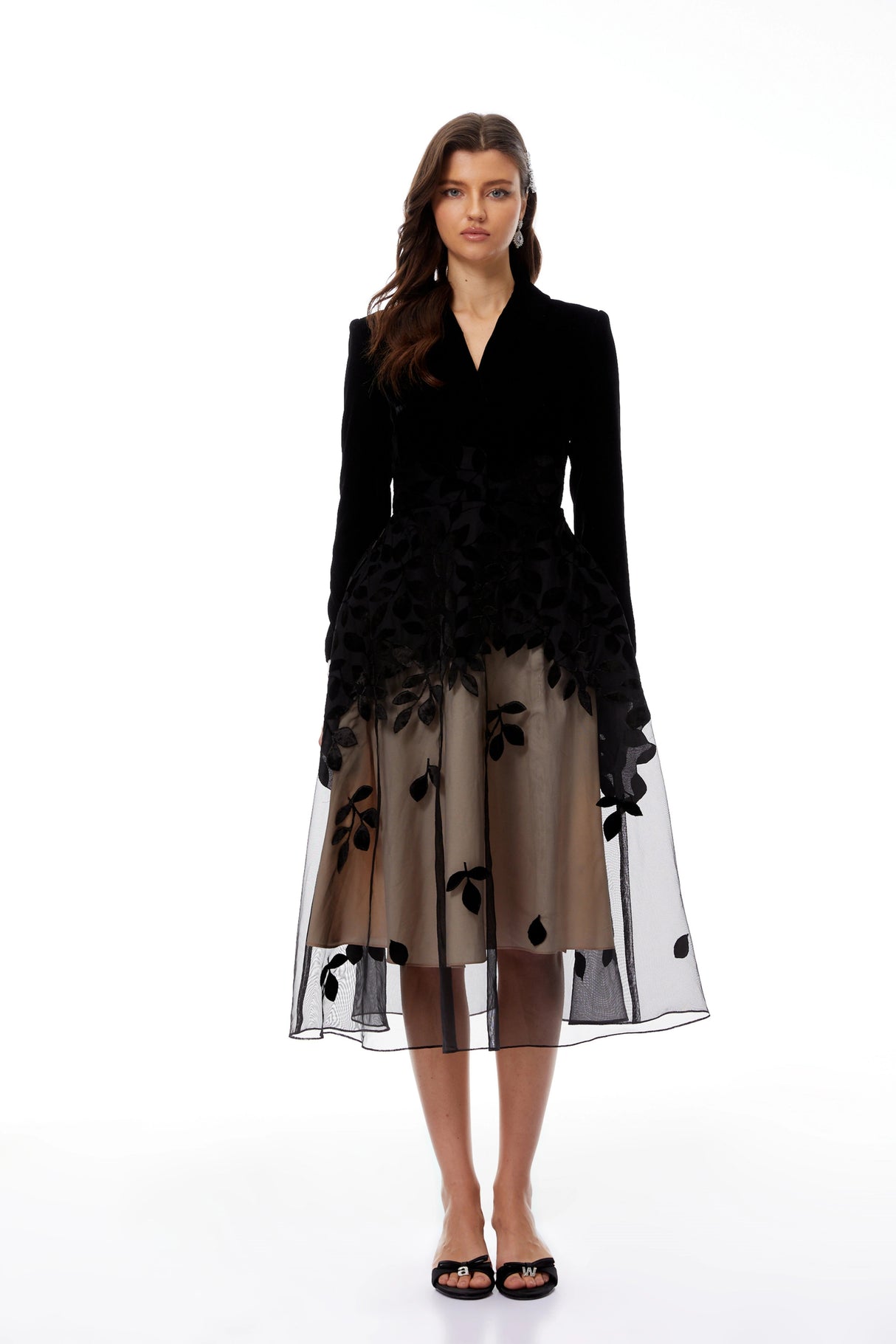 Brielle Black Leaf Embroidered Velvet Midi Dress