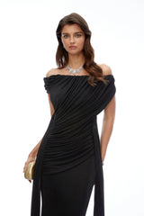 Brielle Black Off Shoulder Ruched Maxi Dress