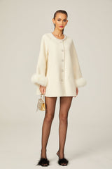 Brielle Coat - Long Sleeves - Faux - Fur Crystal & Pearl Embellishments - Front Button Fastening