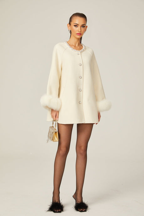 Brielle Coat - Long Sleeves - Faux - Fur Crystal & Pearl Embellishments - Front Button Fastening