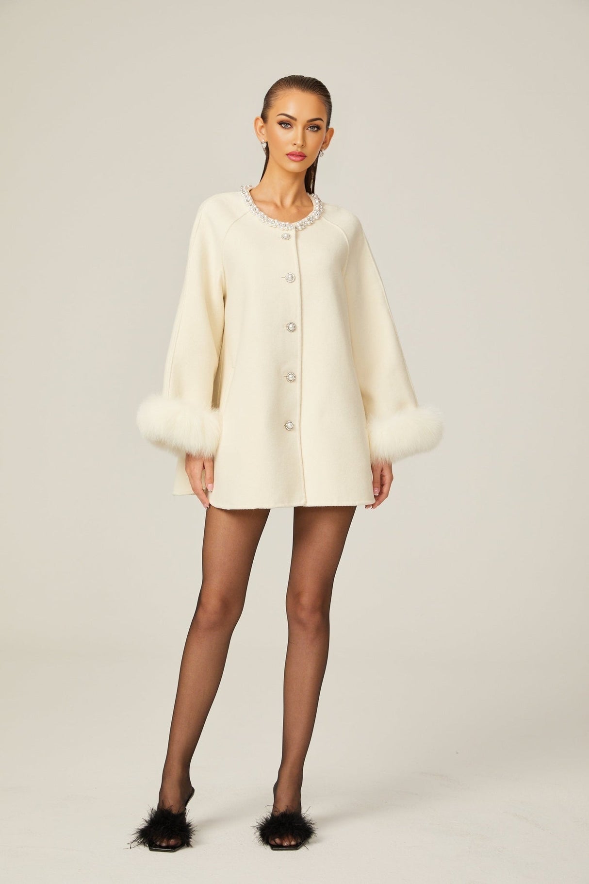 Brielle Coat - Long Sleeves - Faux - Fur Crystal & Pearl Embellishments - Front Button Fastening