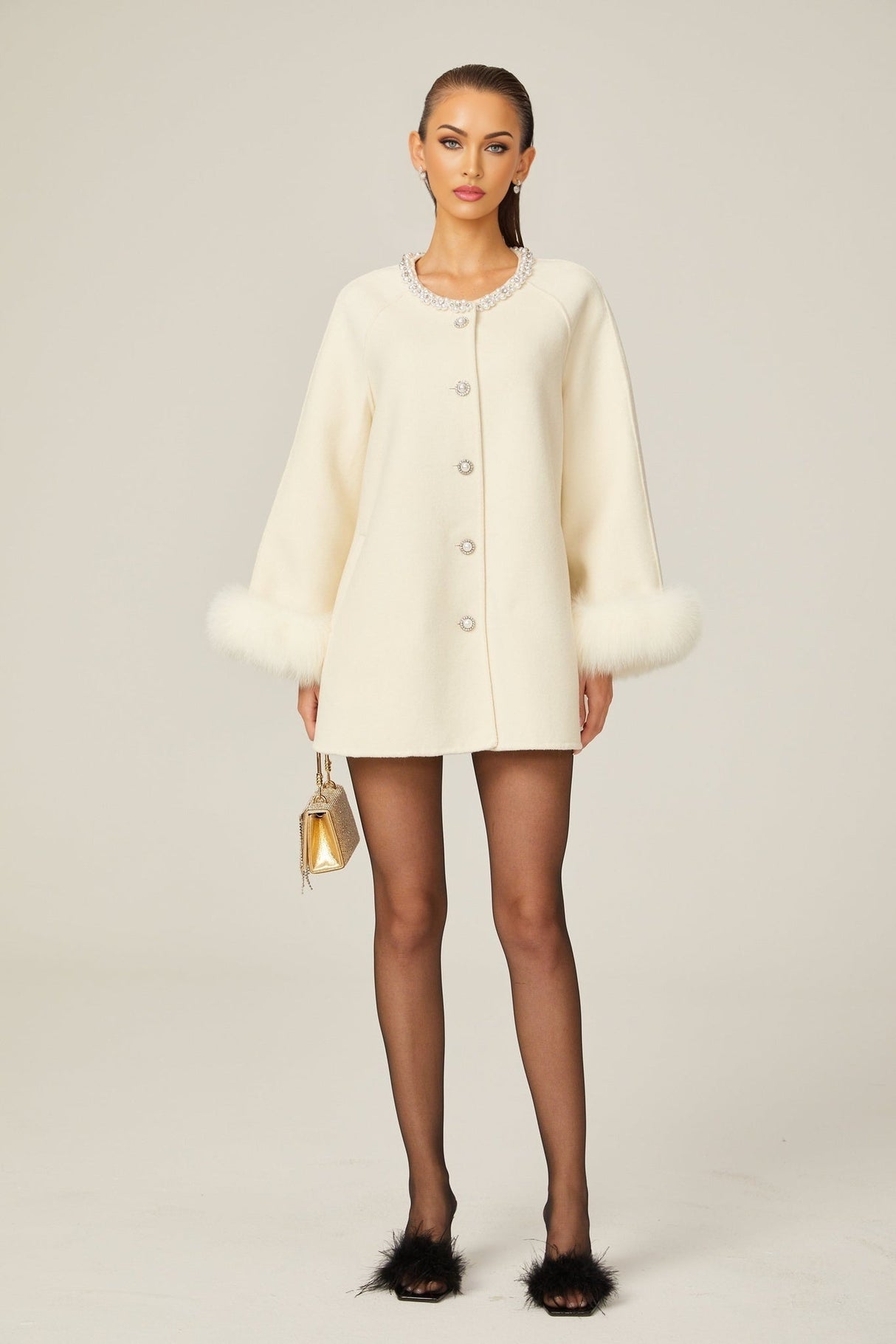 Brielle Coat - Long Sleeves - Faux - Fur Crystal & Pearl Embellishments - Front Button Fastening