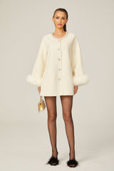 Brielle Coat - Long Sleeves - Faux - Fur Crystal & Pearl Embellishments - Front Button Fastening