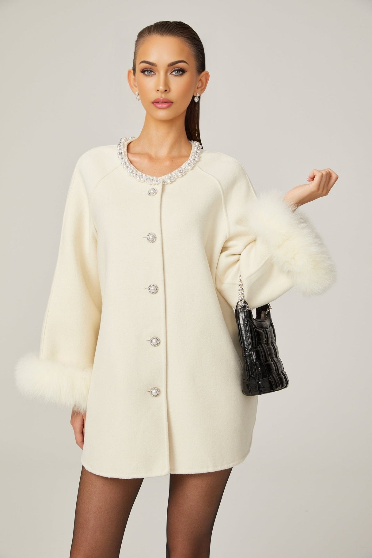 Brielle Coat - Long Sleeves - Faux - Fur Crystal & Pearl Embellishments - Front Button Fastening
