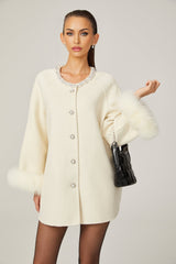 Brielle Coat - Long Sleeves - Faux - Fur Crystal & Pearl Embellishments - Front Button Fastening