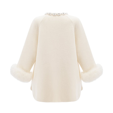 Brielle Coat - Long Sleeves - Faux - Fur Crystal & Pearl Embellishments - Front Button Fastening