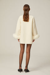 Brielle Coat - Long Sleeves - Faux - Fur Crystal & Pearl Embellishments - Front Button Fastening