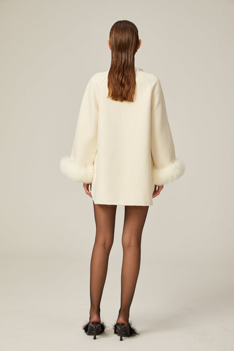 Brielle Coat - Long Sleeves - Faux - Fur Crystal & Pearl Embellishments - Front Button Fastening