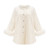 Brielle Coat - Long Sleeves - Faux - Fur Crystal & Pearl Embellishments - Front Button Fastening