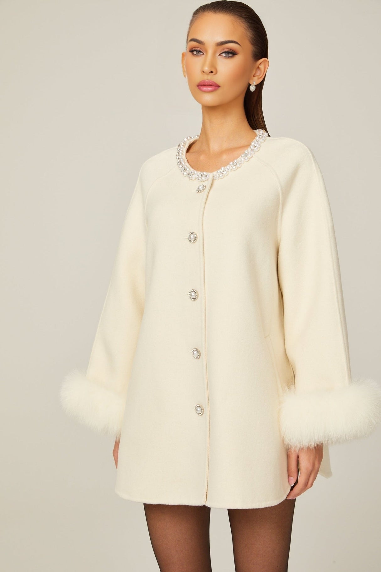 Brielle Coat - Long Sleeves - Faux - Fur Crystal & Pearl Embellishments - Front Button Fastening