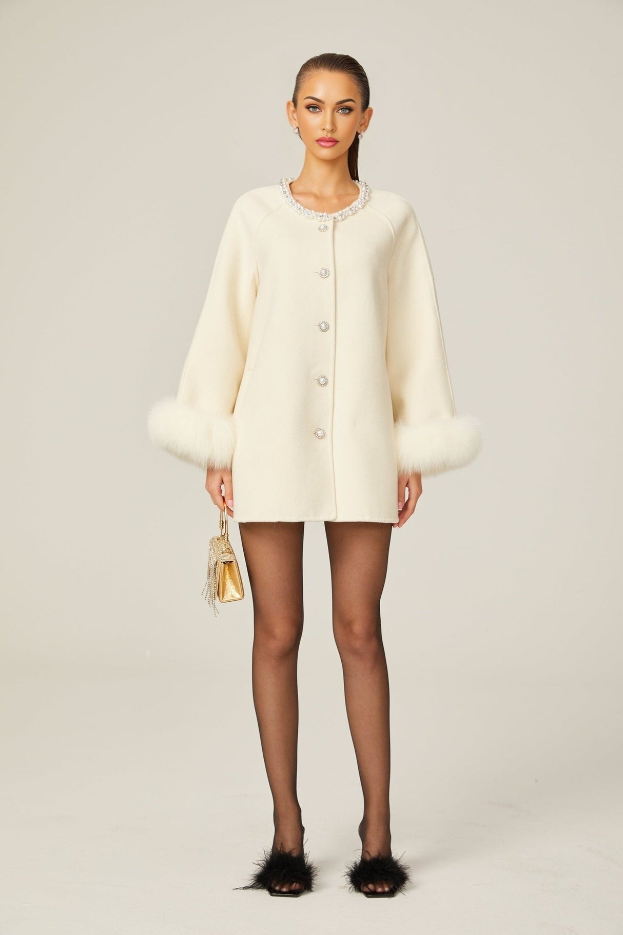 Brielle Coat - Long Sleeves - Faux - Fur Crystal & Pearl Embellishments - Front Button Fastening
