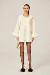 Brielle Coat - Long Sleeves - Faux - Fur Crystal & Pearl Embellishments - Front Button Fastening