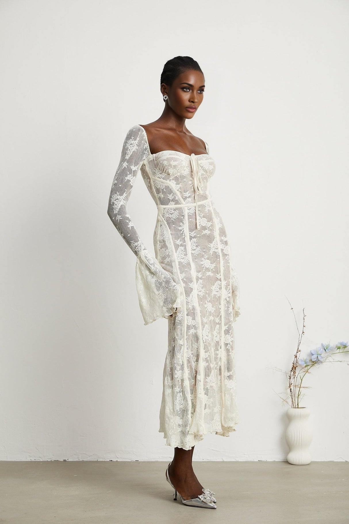 Brielle Maxi Dress - Square Neck - Lace Detailing - Bustier Style - Flared Cuffs - Front Tie & Rear Zip Fastening