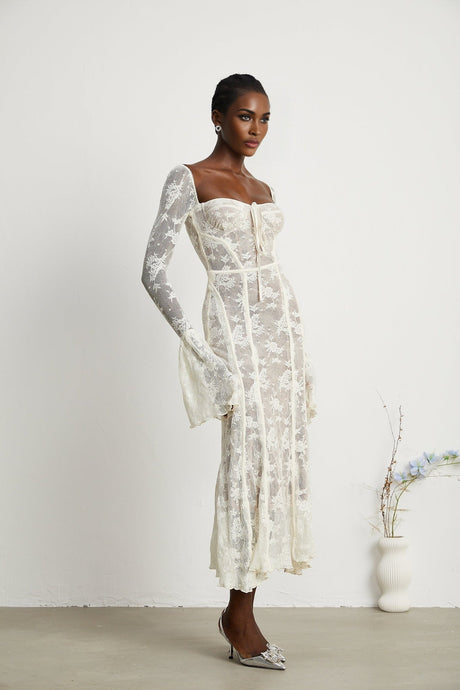 Brielle Maxi Dress - Square Neck - Lace Detailing - Bustier Style - Flared Cuffs - Front Tie & Rear Zip Fastening