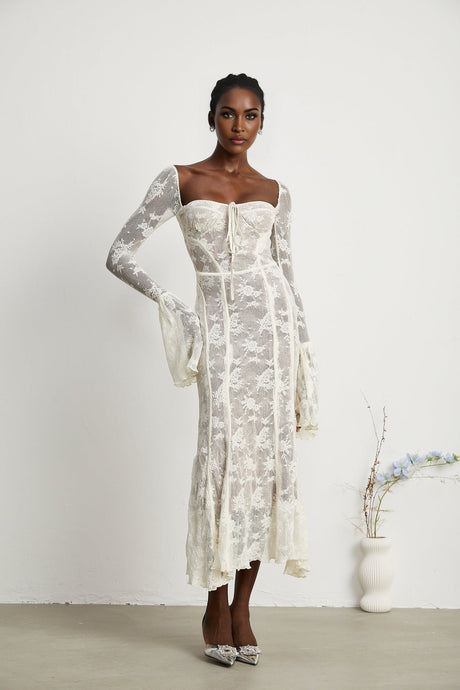 Brielle Maxi Dress - Square Neck - Lace Detailing - Bustier Style - Flared Cuffs - Front Tie & Rear Zip Fastening