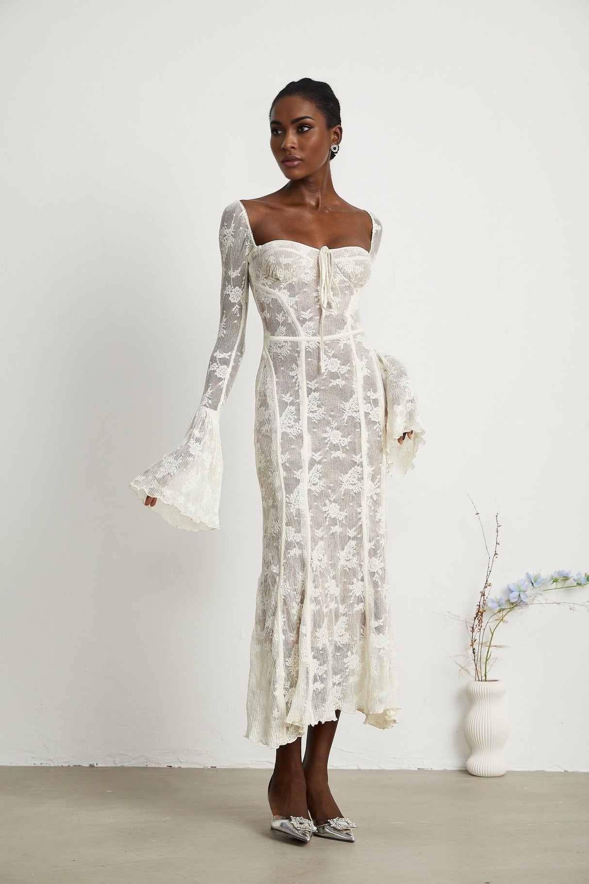 Brielle Maxi Dress - Square Neck - Lace Detailing - Bustier Style - Flared Cuffs - Front Tie & Rear Zip Fastening