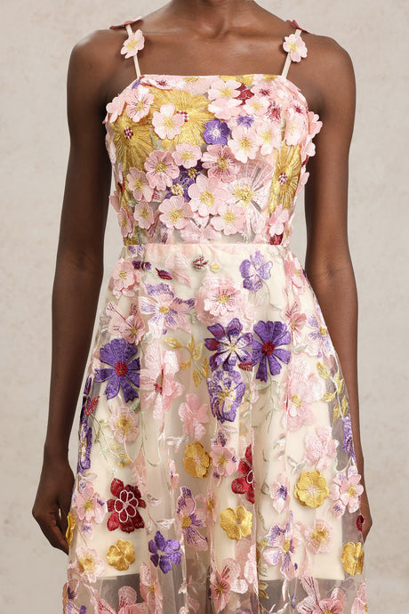 Brielle Pink Floral Embroidered Fit and Flare Midi Dress