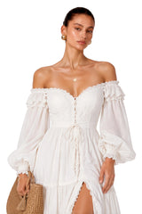 Brielle White Off Shoulder Lace Maxi Dress with Slit