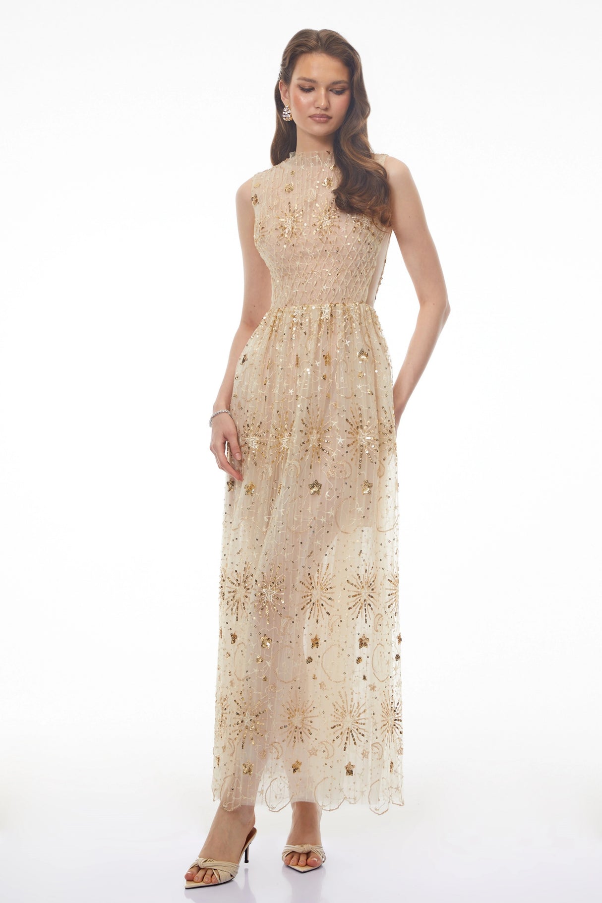Brigida Neutral Sleeveless Sequin Maxi Dress