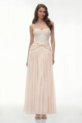 Brigitte Cream White Ruched Maxi Dress with Lace Panels