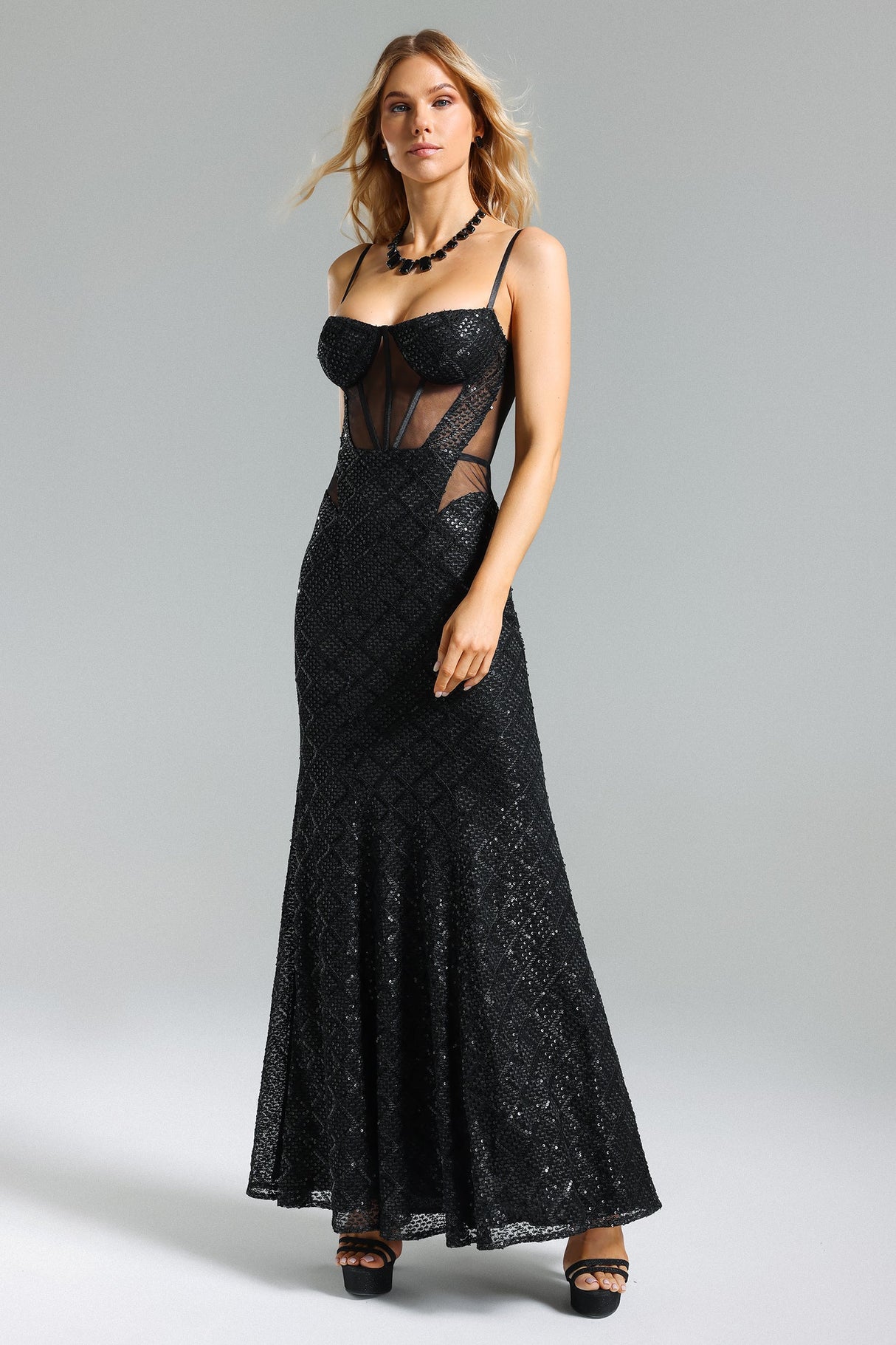 Brinley Black Mesh Overlay Sequin Detail Maxi Dress