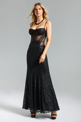 Brinley Black Mesh Overlay Sequin Detail Maxi Dress