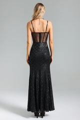 Brinley Black Mesh Overlay Sequin Maxi Dress for Women