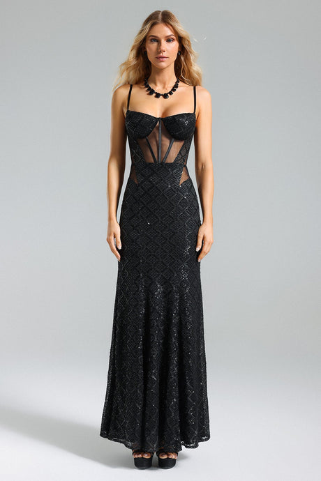 Brinley Black Sequin Mesh Maxi Dress