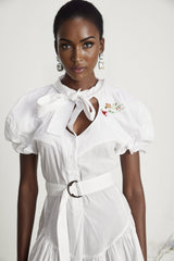 Brinley Mini Dress - Poplin Texture - Sweetheart Neck - Puff Sleeves - Floral Embroidery