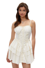 Briony Cream LaceUp Ruffled Mini Dress