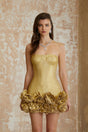 Briony Gold Off Shoulder Mini Dress with 3D Petals