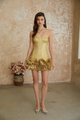 Briony Gold Off Shoulder Mini Dress with 3D Petals
