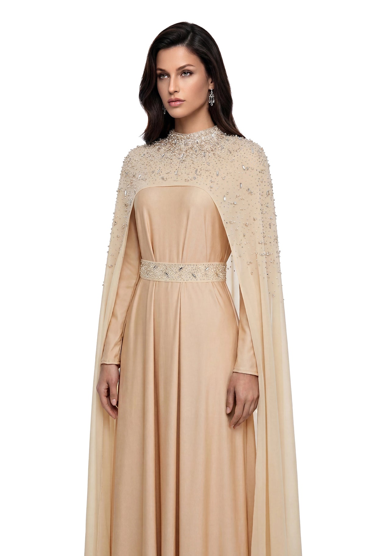 Briseis Champagne Rhinestone Beaded Cape Maxi Dress