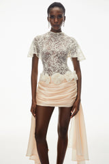 Briseis Neutral Satin Mini Dress with Floral Lace