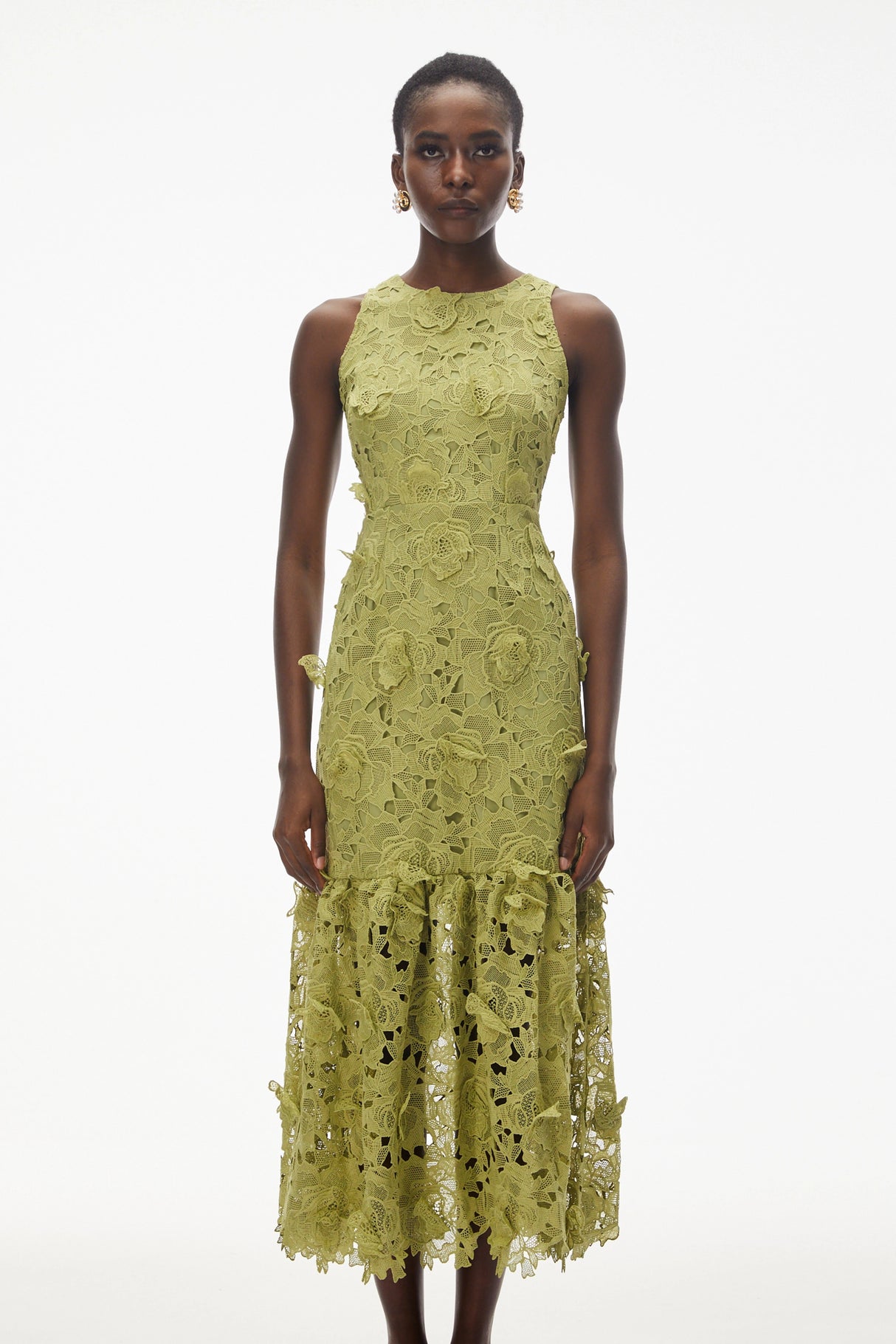 Briseis Olive Green Midi Dress with 3D Florals