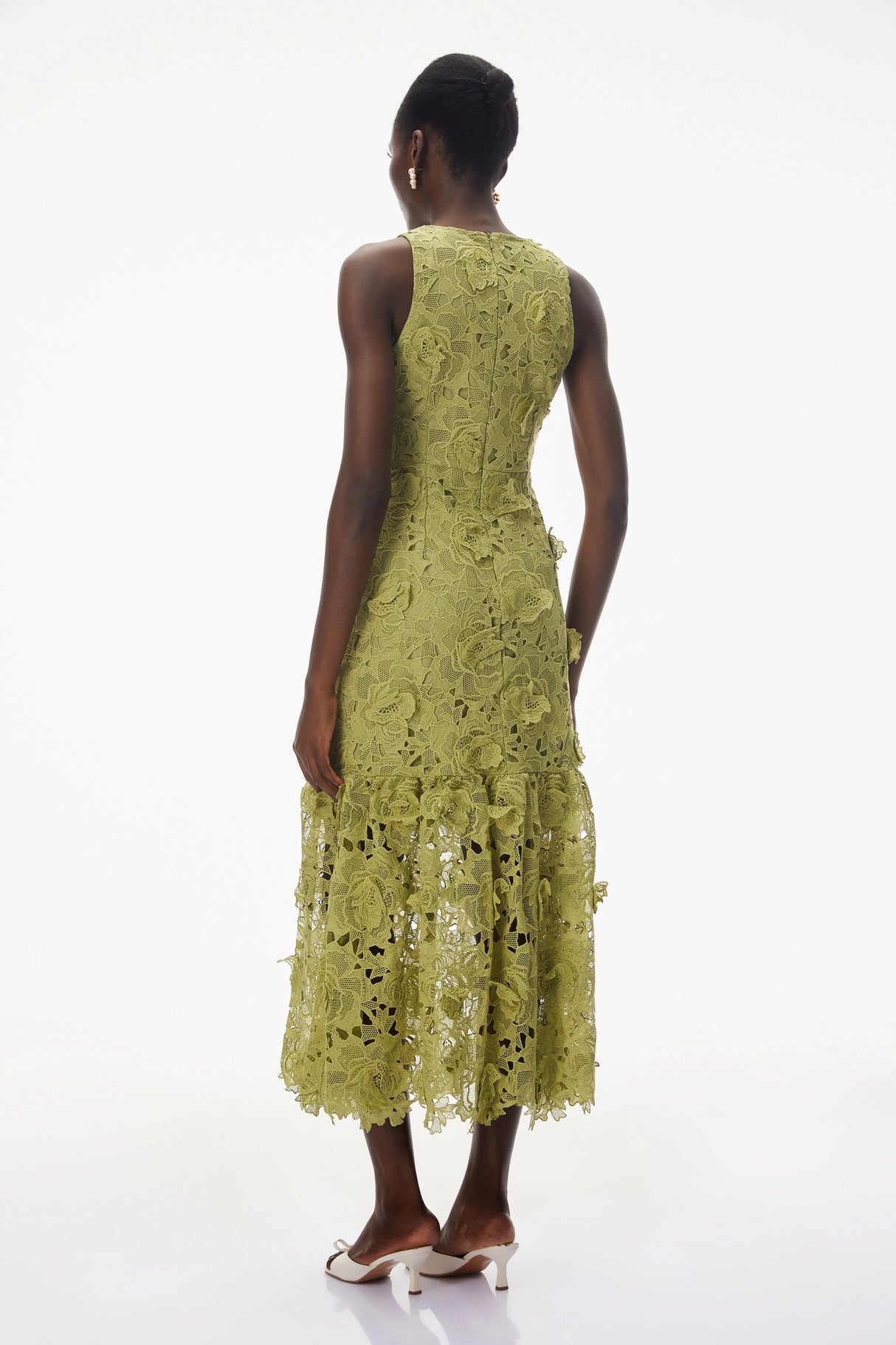Briseis Olive Green Midi Dress with 3D Florals