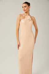 Bristol Maxi Dress - Halterneck Tie Fastening - Sequin Embellishment - Floral Appliqué - Side Slit Design