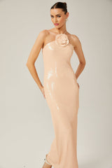 Bristol Maxi Dress - Halterneck Tie Fastening - Sequin Embellishment - Floral Appliqué - Side Slit Design
