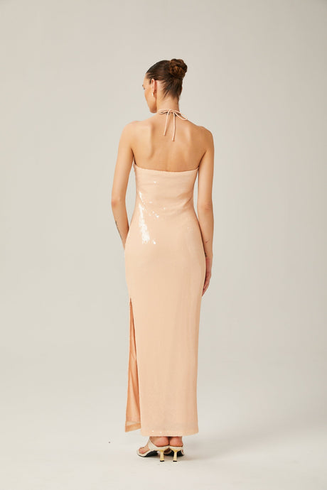 Bristol Maxi Dress - Halterneck Tie Fastening - Sequin Embellishment - Floral Appliqué - Side Slit Design