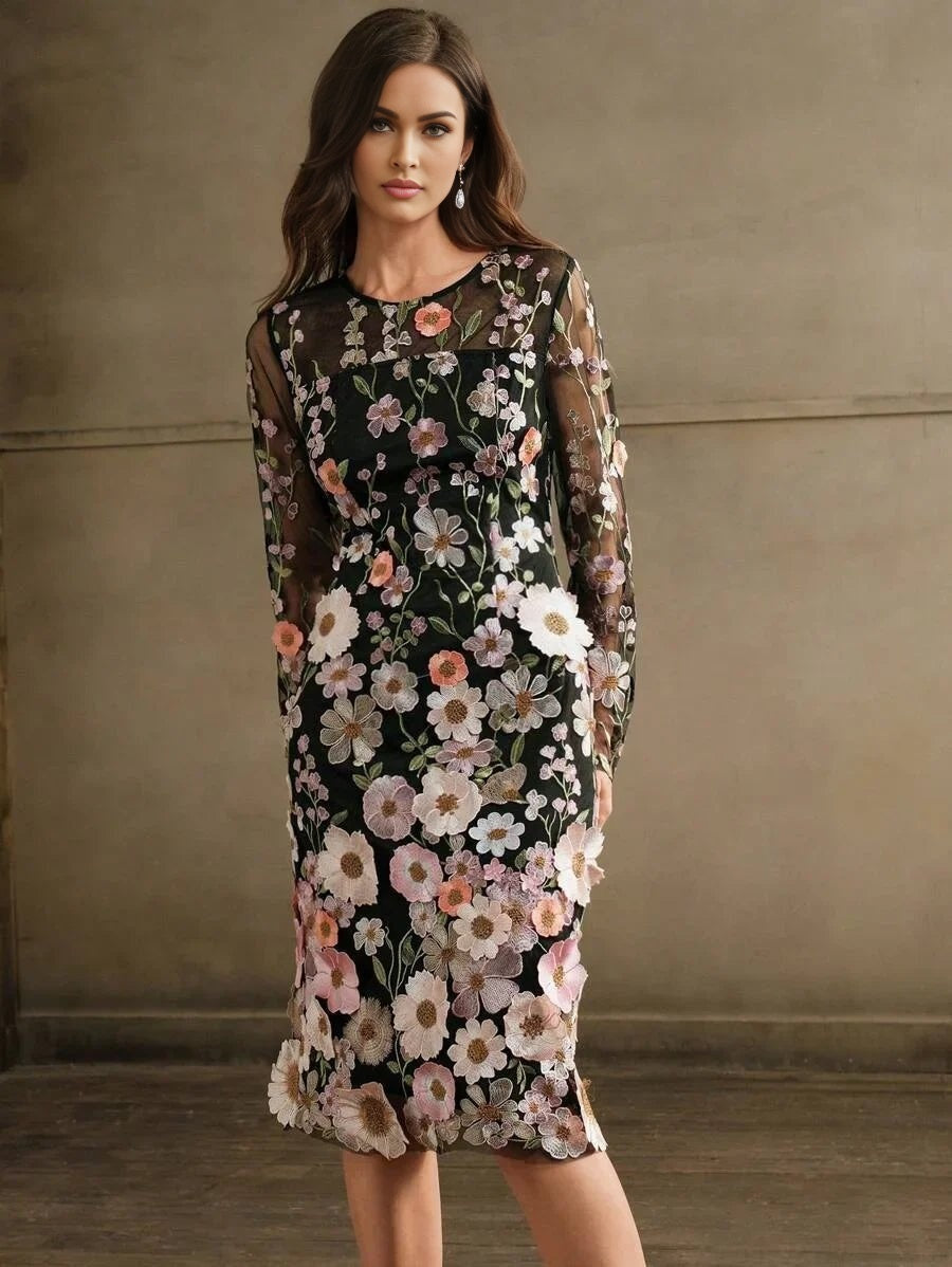 Bristol Midi Dress - Elegant Style - Floral Print - Long Sleeve - Fitted - Beach Occasion