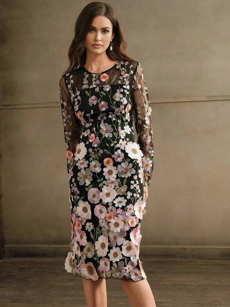 Bristol Midi Dress - Elegant Style - Floral Print - Long Sleeve - Fitted - Beach Occasion