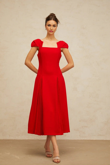 Bristol Midi Dress Red Pleated Flare