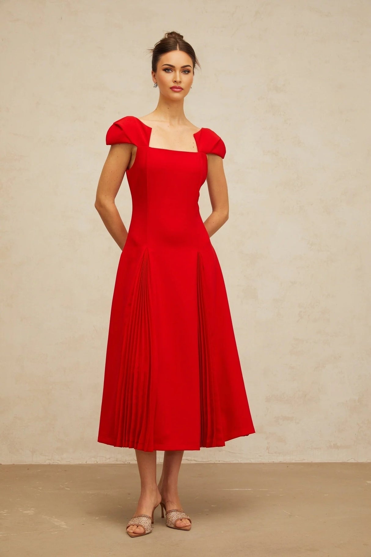 Bristol Midi Dress Red Pleated Flare